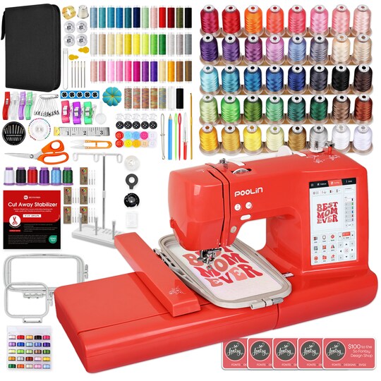 Poolin; POOLIN EOC05 4in x 9.2in Embroidery Machine with Accessory Kit - Red; Category:Sewing Machines; Image:1